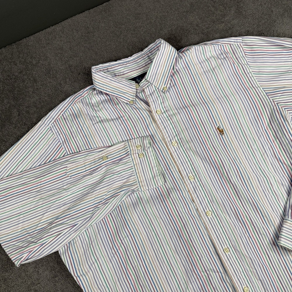 Ralph‎ Lauren 17.5 Red Green Stripe Button Down Long Sleeve Shirt Mens Classic